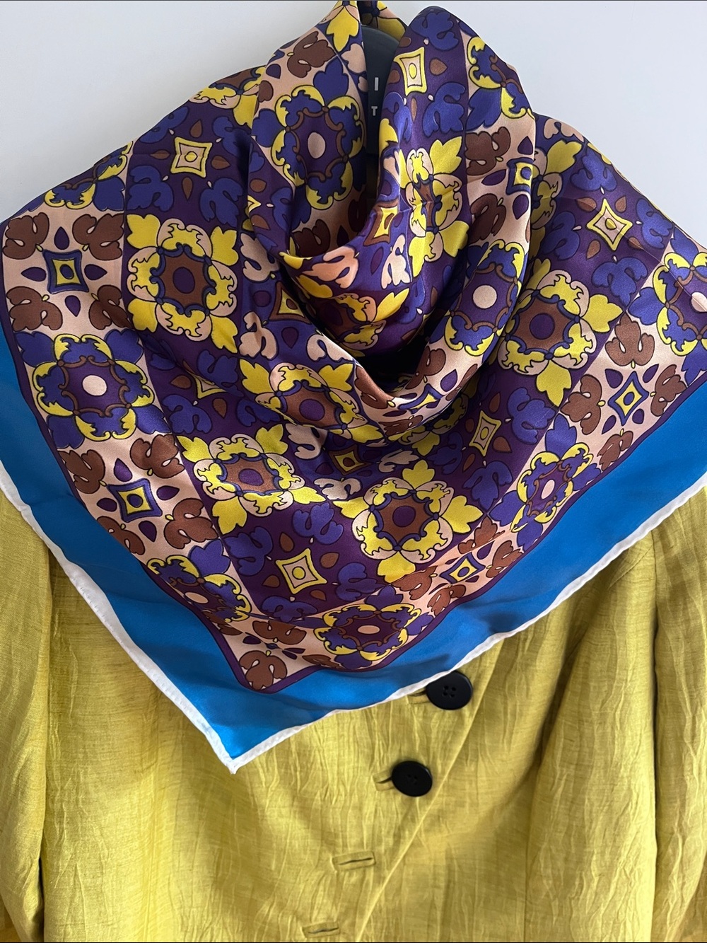 Silk-Feel Geometric Pattern Square Scarf in Blue, Purple and Yellow